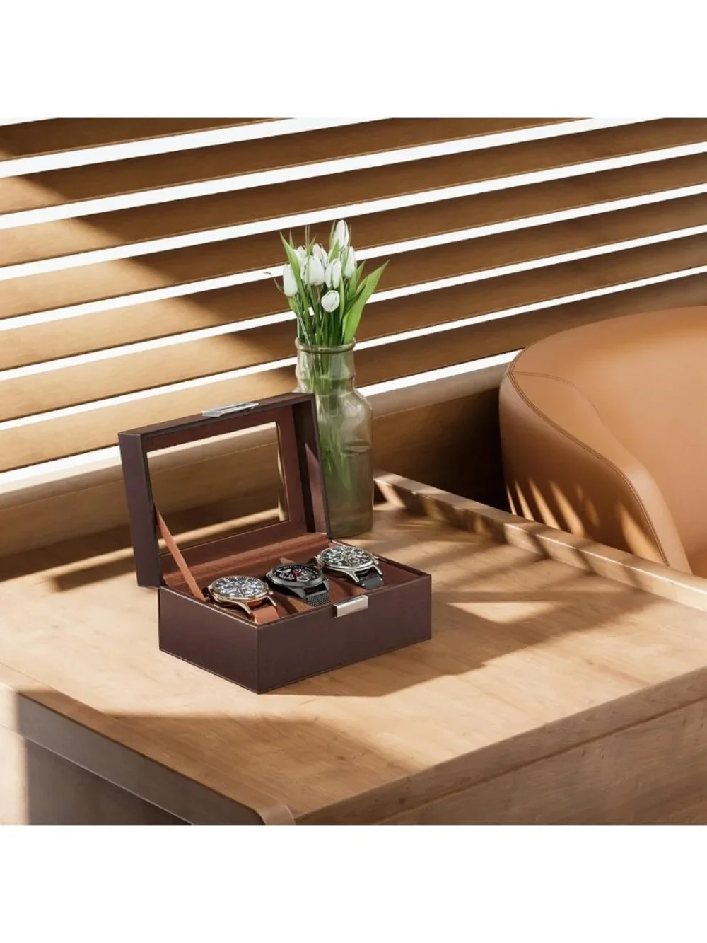 3-Slot Men's Watch Display Case, Elegant Espresso Watch Box for Collectors
